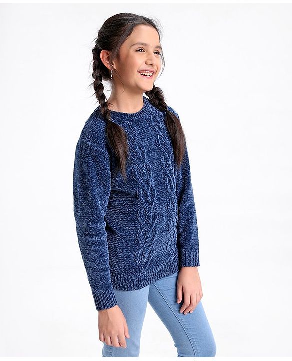 Pine Kids Full Sleeves Chenille Sweater for Moderate Winter - Navy