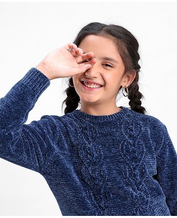 Pine Kids Full Sleeves Chenille Sweater for Moderate Winter - Navy