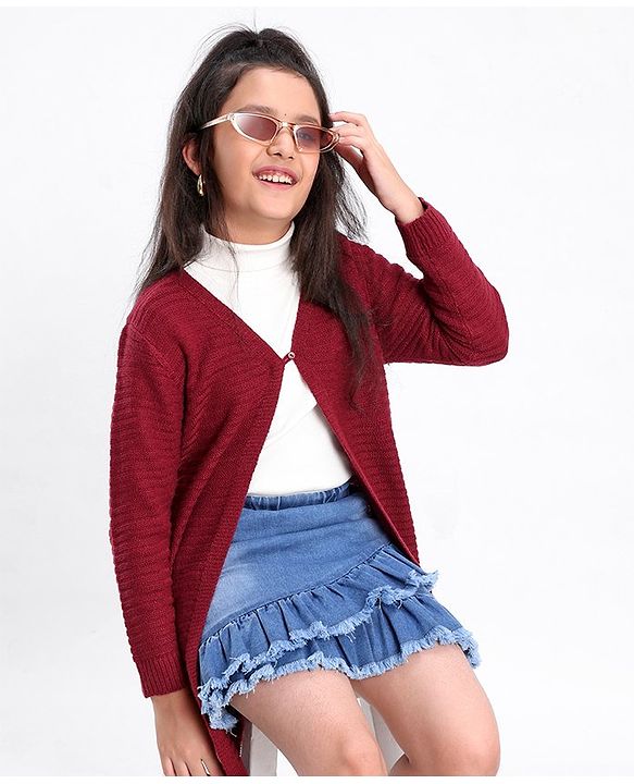 Pine Kids Full Sleeves Moderate Winter Front Open Shrug - Maroon