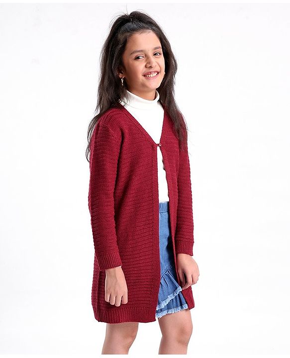 Pine Kids Full Sleeves Moderate Winter Front Open Shrug - Maroon