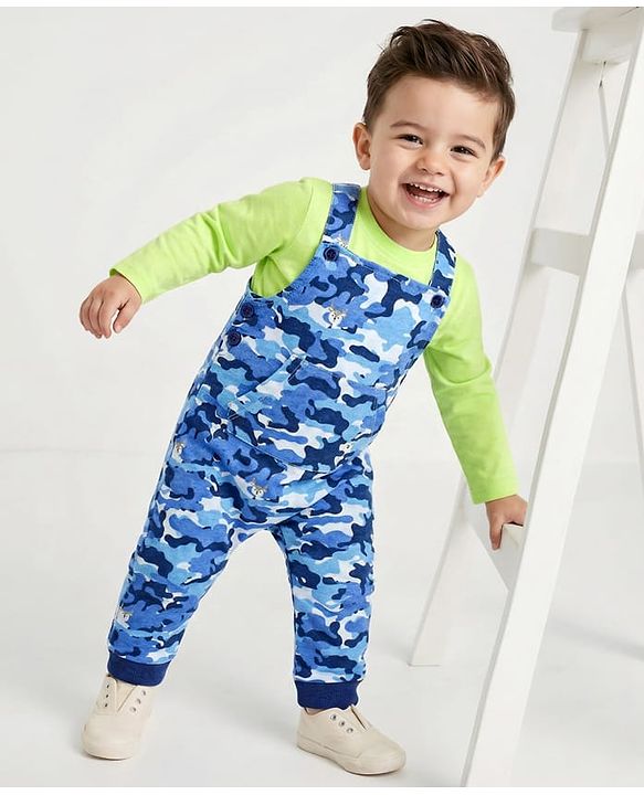 Babyhug 100% Cotton Full Sleeves Solid T-shirt and Dungaree Set - Green and Blue