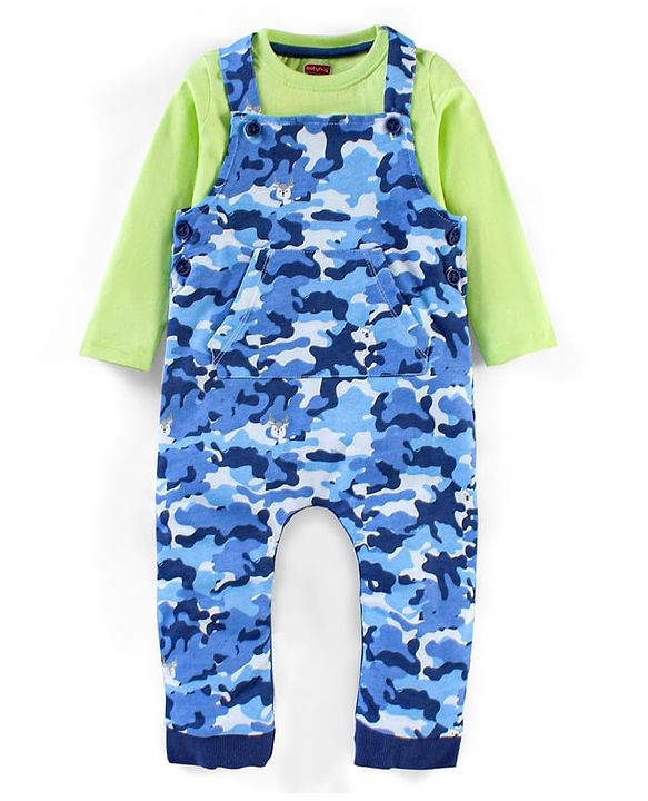 Babyhug 100% Cotton Full Sleeves Solid T-shirt and Dungaree Set - Green and Blue