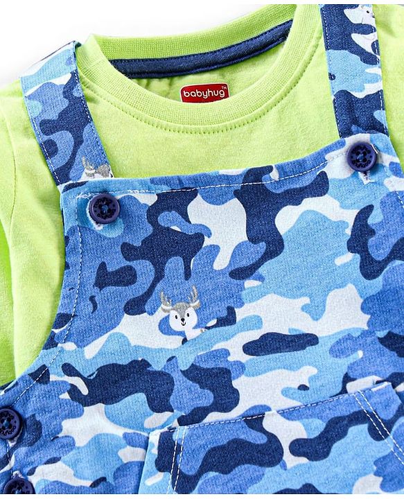 Babyhug 100% Cotton Full Sleeves Solid T-shirt and Dungaree Set - Green and Blue