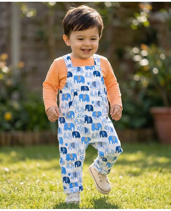 Babyhug Cotton Knit Elephant Print Dungaree with Full Sleeves Inner T-Shirt - Peach White