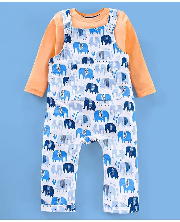 Babyhug Cotton Knit Elephant Print Dungaree with Full Sleeves Inner T-Shirt - Peach White