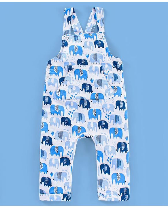 Babyhug Cotton Knit Elephant Print Dungaree with Full Sleeves Inner T-Shirt - Peach White