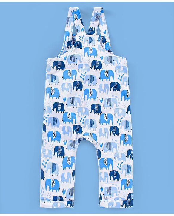 Babyhug Cotton Knit Elephant Print Dungaree with Full Sleeves Inner T-Shirt - Peach White