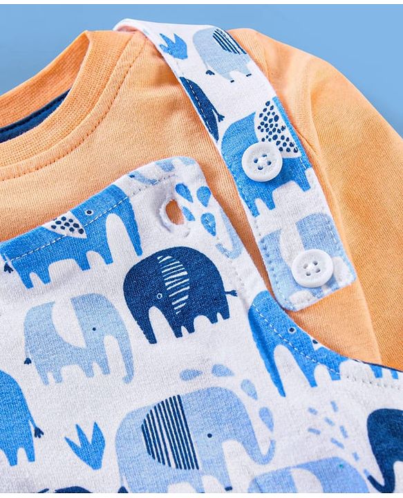 Babyhug Cotton Knit Elephant Print Dungaree with Full Sleeves Inner T-Shirt - Peach White