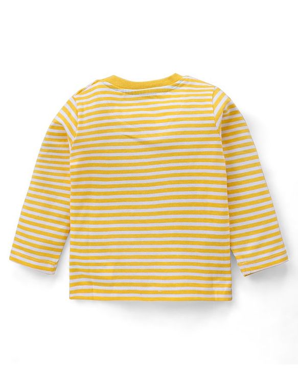 Babyhug 100% Cotton Knit Sleeveless Lion Printed Dungaree With Full Sleeves Striped Tee - Yellow Blue