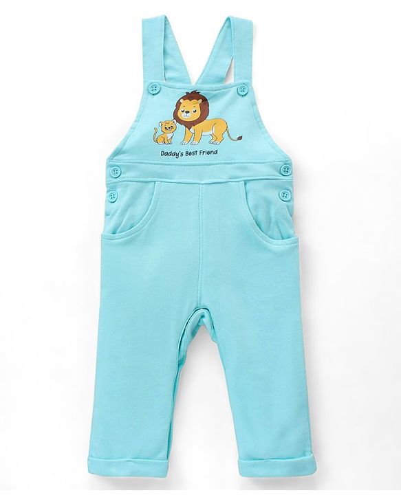 Babyhug 100% Cotton Knit Sleeveless Lion Printed Dungaree With Full Sleeves Striped Tee - Yellow Blue