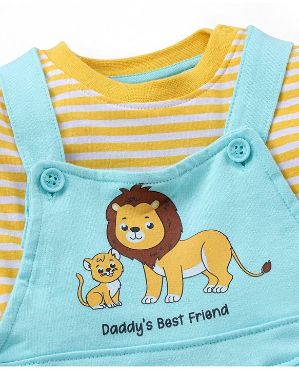 Babyhug 100% Cotton Knit Sleeveless Lion Printed Dungaree With Full Sleeves Striped Tee - Yellow Blue