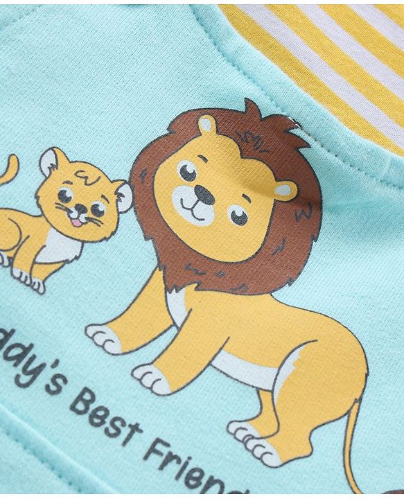 Babyhug 100% Cotton Knit Sleeveless Lion Printed Dungaree With Full Sleeves Striped Tee - Yellow Blue