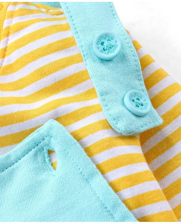 Babyhug 100% Cotton Knit Sleeveless Lion Printed Dungaree With Full Sleeves Striped Tee - Yellow Blue