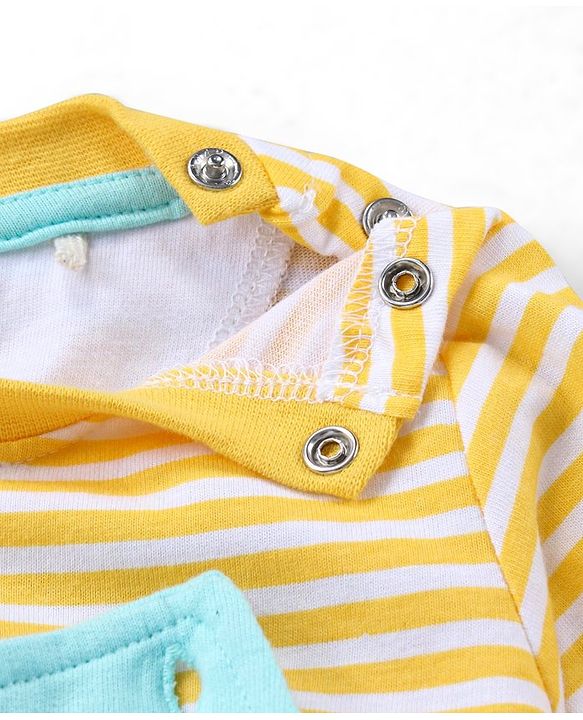 Babyhug 100% Cotton Knit Sleeveless Lion Printed Dungaree With Full Sleeves Striped Tee - Yellow Blue