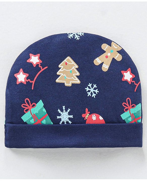 Babyhug 100% Cotton Cap Mittens and Booties Tree Print Navy Blue - Diameter 11 cm