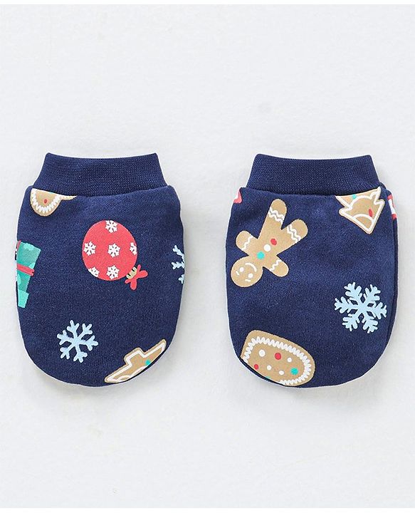 Babyhug 100% Cotton Cap Mittens and Booties Tree Print Navy Blue - Diameter 11 cm