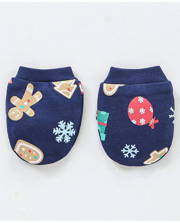 Babyhug 100% Cotton Cap Mittens and Booties Tree Print Navy Blue - Diameter 11 cm