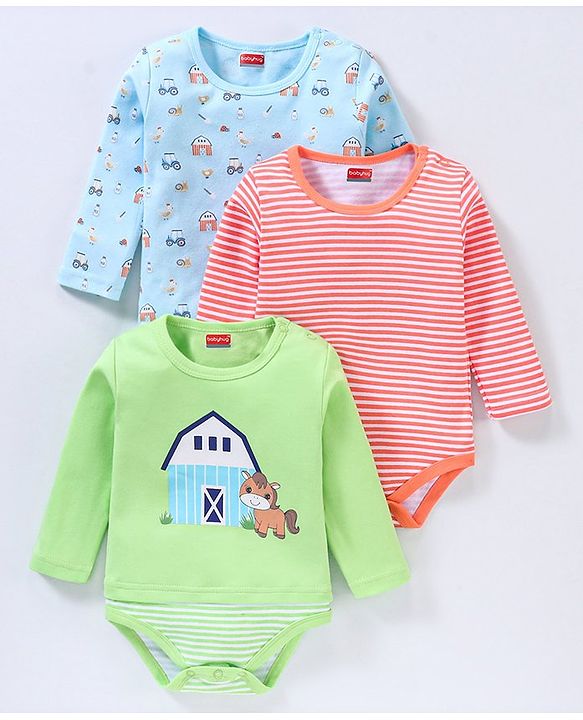 Babyhug 100% Cotton Full Sleeves Onesies Stripes & House Print Pack of 3- Multicolor
