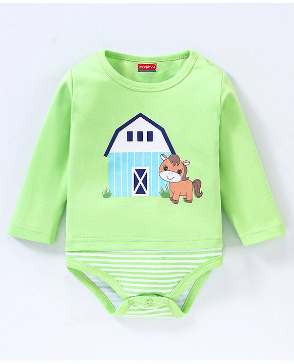 Babyhug 100% Cotton Full Sleeves Onesies Stripes & House Print Pack of 3- Multicolor
