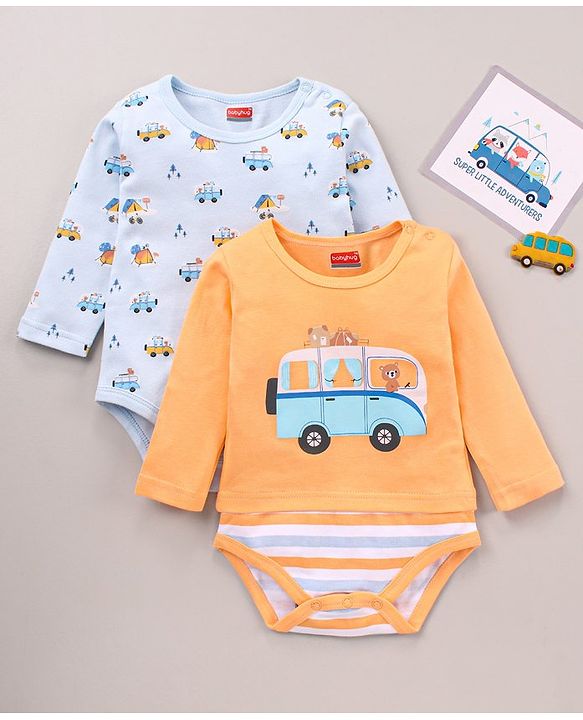 Babyhug 100% Cotton Knit Full Sleeves Cars & Bus Printed Onesies Pack Of 2 - Multicolour