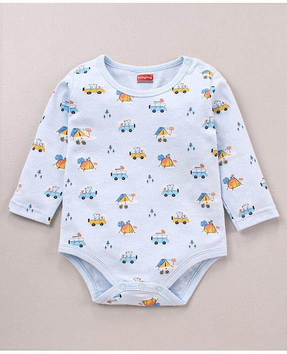 Babyhug 100% Cotton Knit Full Sleeves Cars & Bus Printed Onesies Pack Of 2 - Multicolour