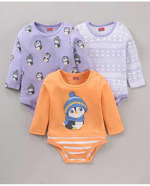 Babyhug 100% Cotton Knit Full Sleeves Penguin Printed Onesies Pack Of 3 - Multicolour