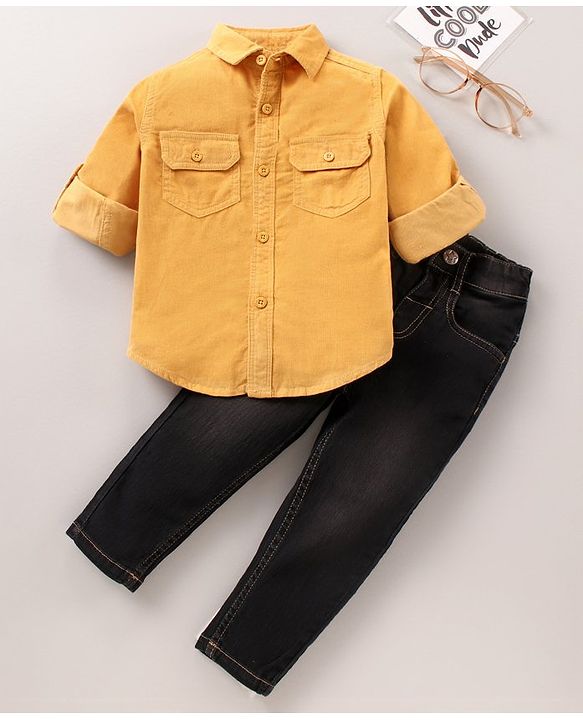 Babyhug Cotton Knit Solid Full Sleeves Shirt and Jeans Pant - Yellow Black