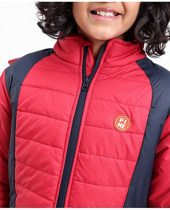 Pine Kids Full Sleeves Moderate Winter Padded Hooded Jacket Colour Block - Red