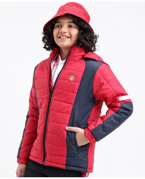 Pine Kids Full Sleeves Moderate Winter Padded Hooded Jacket Colour Block - Red