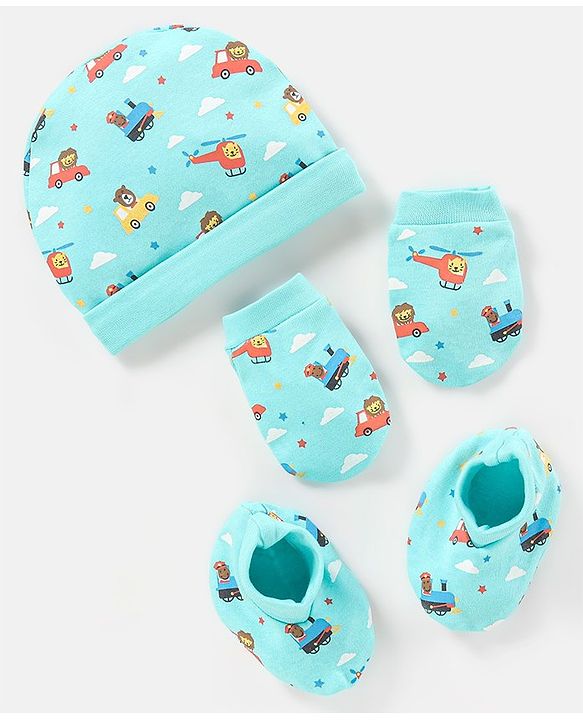 Babyhug 100% Cotton Vehicle Printed Cap Mittens & Booties- Cap Diameter 10.5 cm