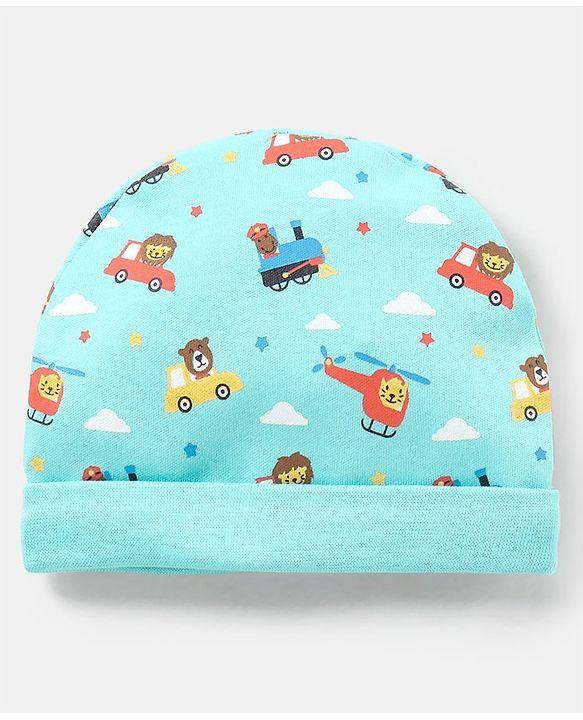 Babyhug 100% Cotton Vehicle Printed Cap Mittens & Booties- Cap Diameter 10.5 cm