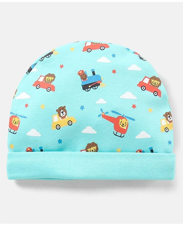 Babyhug 100% Cotton Vehicle Printed Cap Mittens & Booties- Cap Diameter 10.5 cm