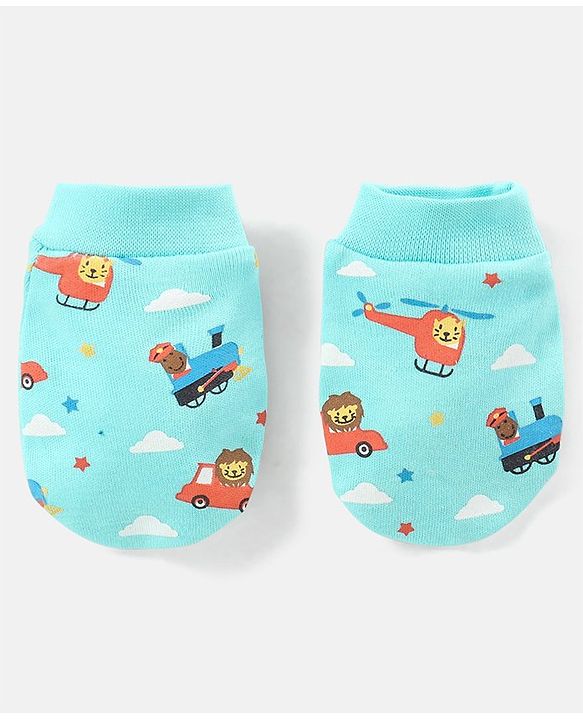 Babyhug 100% Cotton Vehicle Printed Cap Mittens & Booties- Cap Diameter 10.5 cm