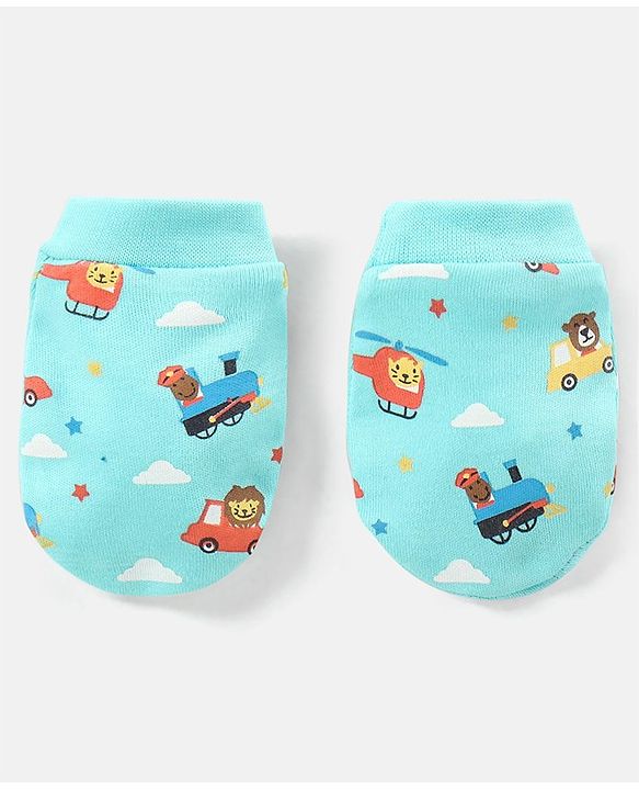 Babyhug 100% Cotton Vehicle Printed Cap Mittens & Booties- Cap Diameter 10.5 cm