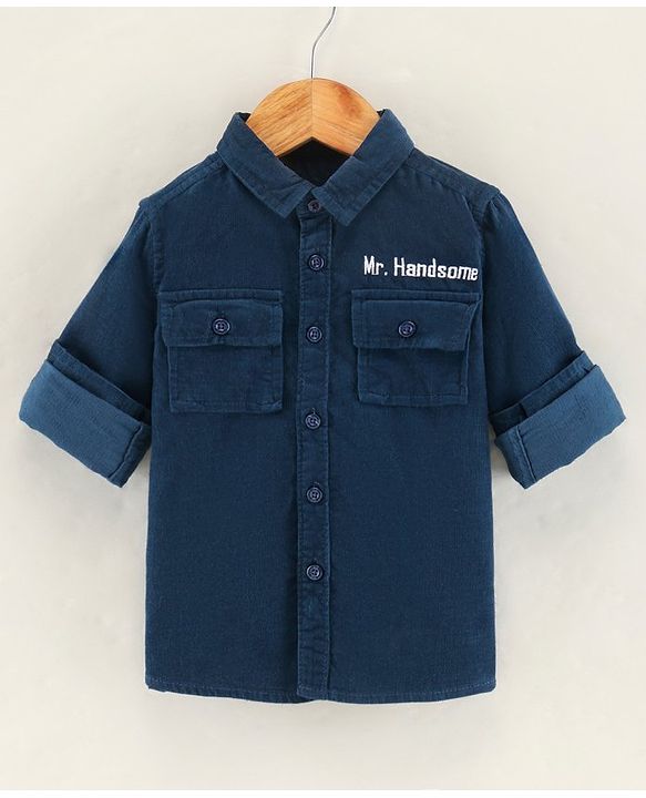 Babyhug Full Sleeves Cotton Corduroy Shirt Text Embroidered-Blue
