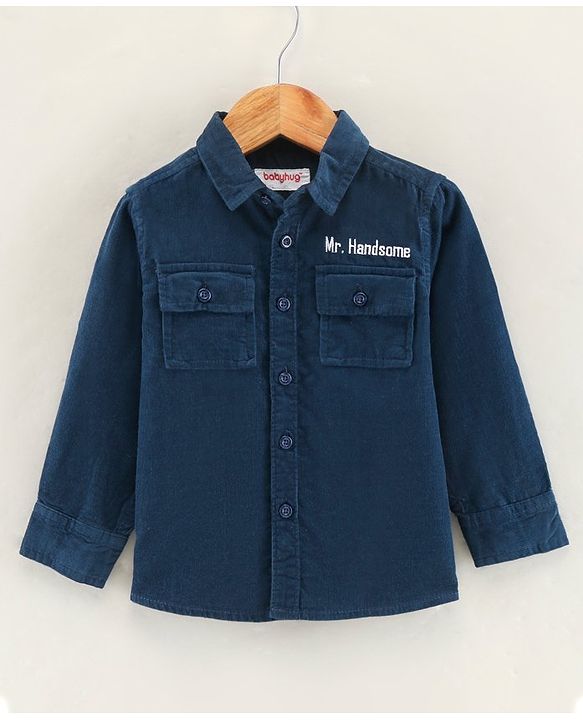 Babyhug Full Sleeves Cotton Corduroy Shirt Text Embroidered-Blue