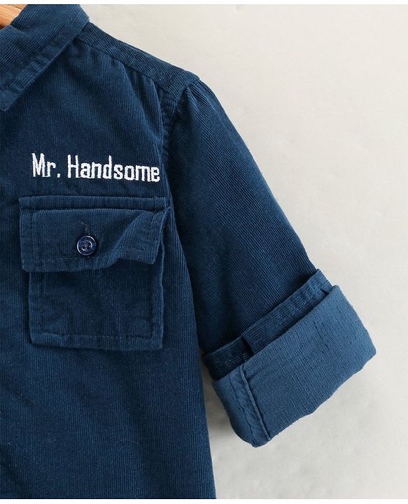Babyhug Full Sleeves Cotton Corduroy Shirt Text Embroidered-Blue