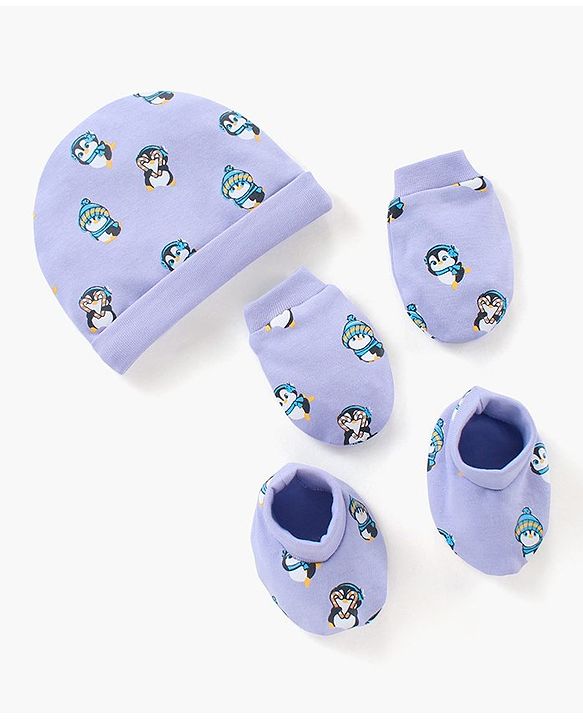 Babyhug 100% Cotton Cap Mittens & Booties Set Penguin Print Purple - Diameter 11 cm
