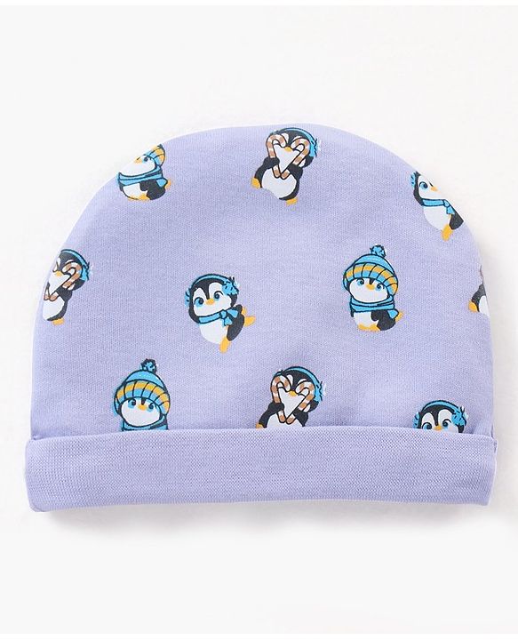 Babyhug 100% Cotton Cap Mittens & Booties Set Penguin Print Purple - Diameter 11 cm