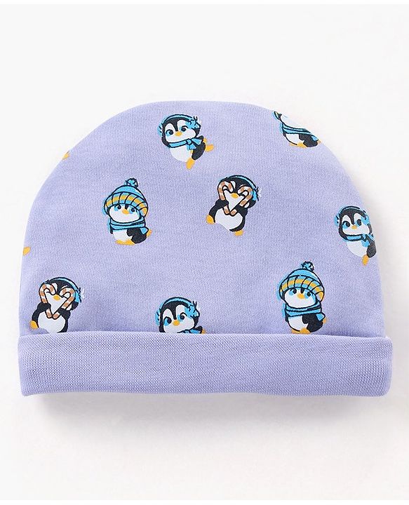 Babyhug 100% Cotton Cap Mittens & Booties Set Penguin Print Purple - Diameter 11 cm