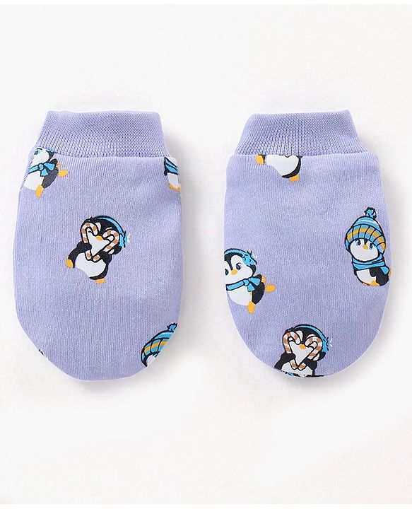 Babyhug 100% Cotton Cap Mittens & Booties Set Penguin Print Purple - Diameter 11 cm