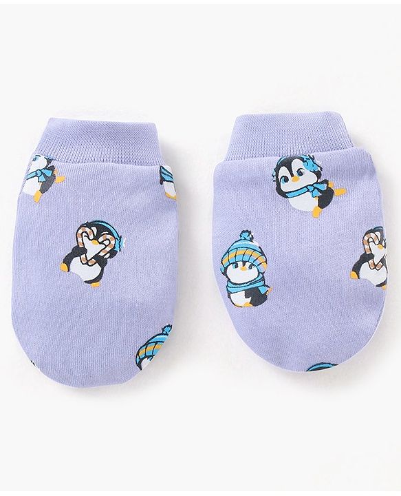 Babyhug 100% Cotton Cap Mittens & Booties Set Penguin Print Purple - Diameter 11 cm