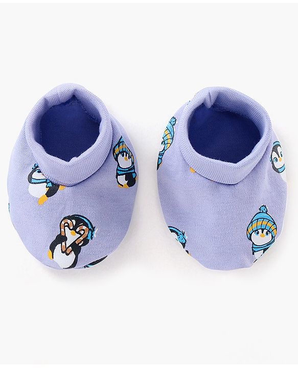 Babyhug 100% Cotton Cap Mittens & Booties Set Penguin Print Purple - Diameter 11 cm