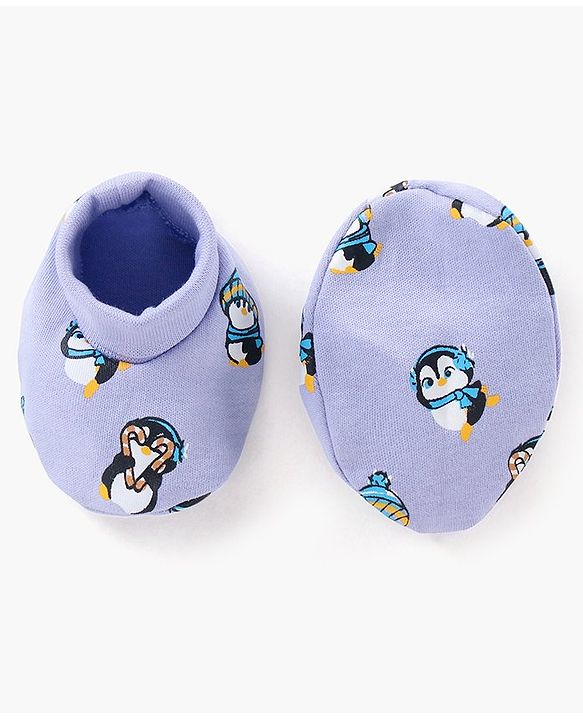 Babyhug 100% Cotton Cap Mittens & Booties Set Penguin Print Purple - Diameter 11 cm