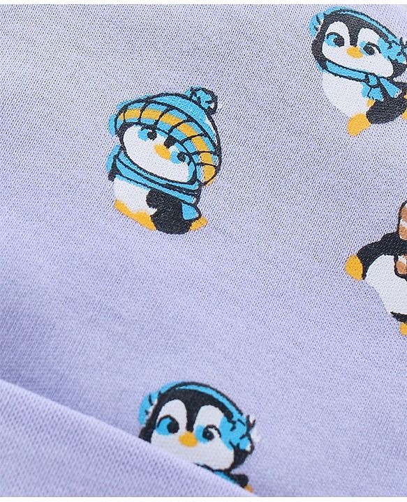 Babyhug 100% Cotton Cap Mittens & Booties Set Penguin Print Purple - Diameter 11 cm