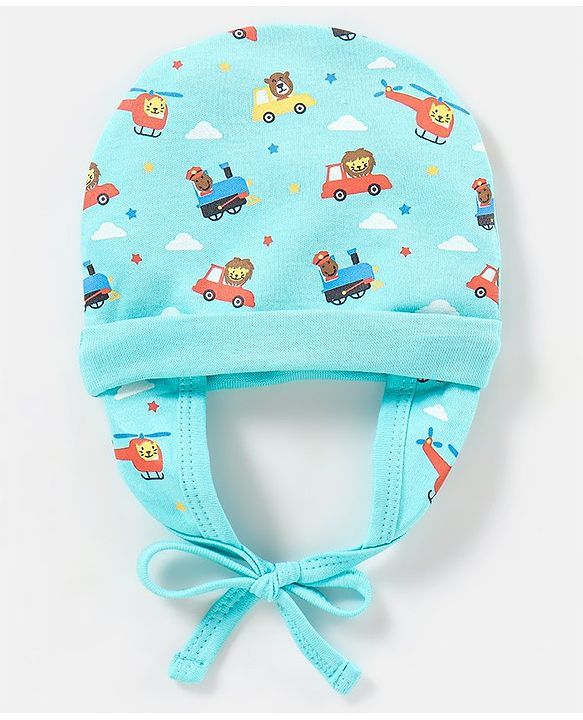Babyhug 100% Cotton Vehicle Print Tie Knot Cap Blue - Diameter 10 Cm