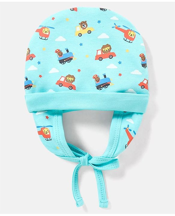 Babyhug 100% Cotton Vehicle Print Tie Knot Cap Blue - Diameter 10 Cm