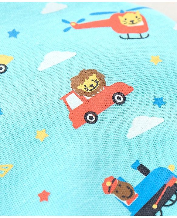Babyhug 100% Cotton Vehicle Print Tie Knot Cap Blue - Diameter 10 Cm