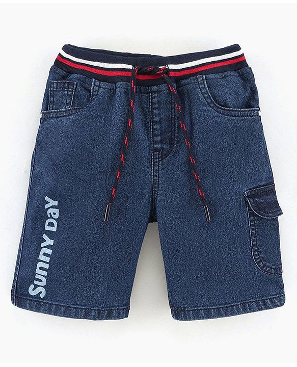 Babyhug Cotton Above Knee Length Washed Denim Bermuda Text Print - Dark Blue
