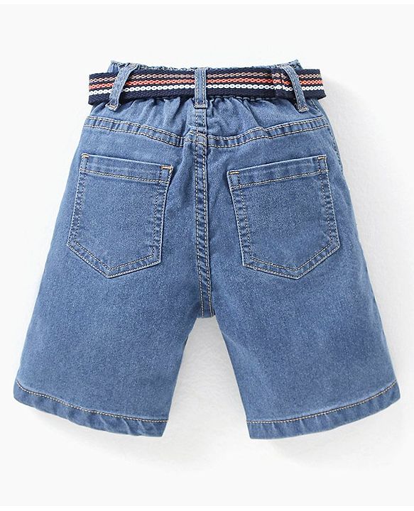 Babyhug Cotton Above Knee Length Washed Denim Bermuda with Belt Text Print - Blue